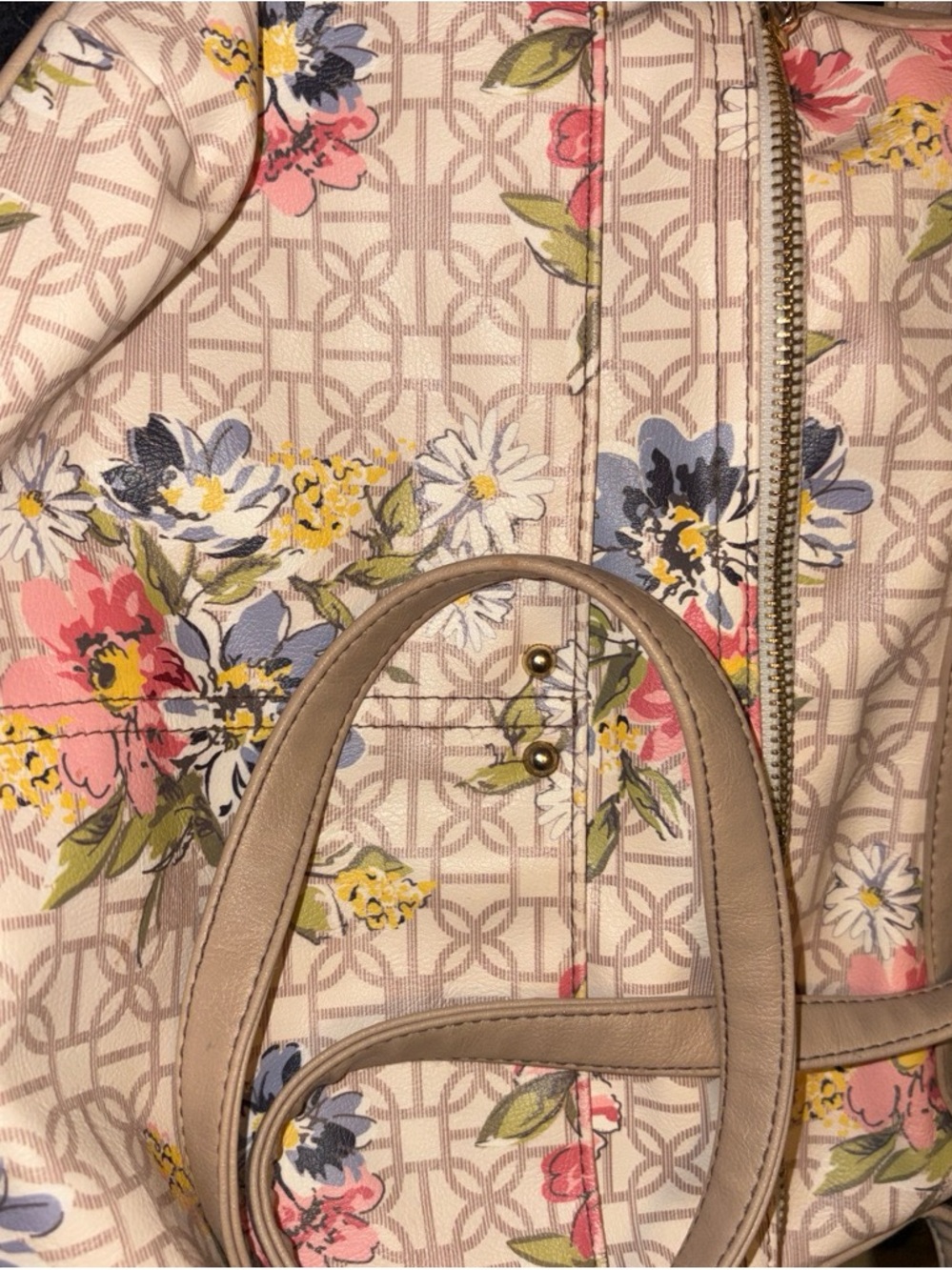 Beige Floral Tote Bag with Pink & Blue Accents